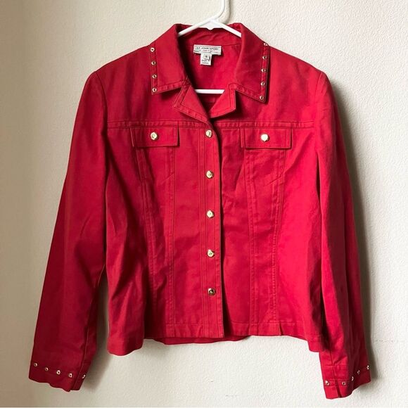 St. John Sport by Marie Gray Red Retro Minimalist Studded 90s Denim Jacket Small - Picture 1 of 9
